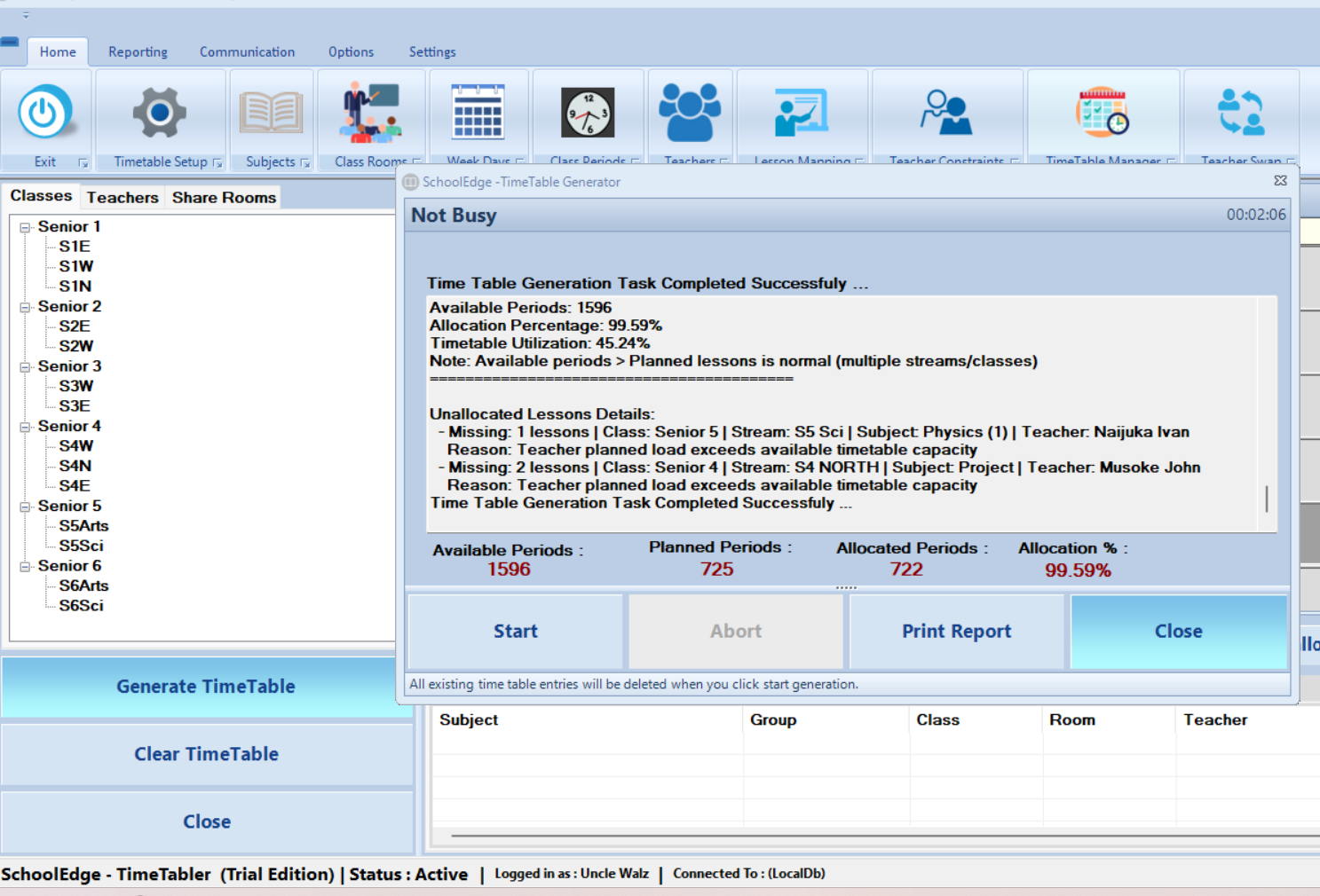 SchoolEdge Timetabler automatic generation