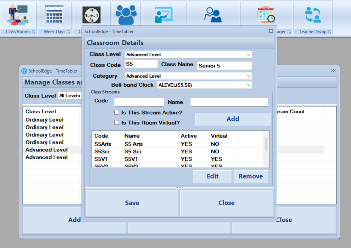 SchoolEdge Timetabler classes streams and rooms