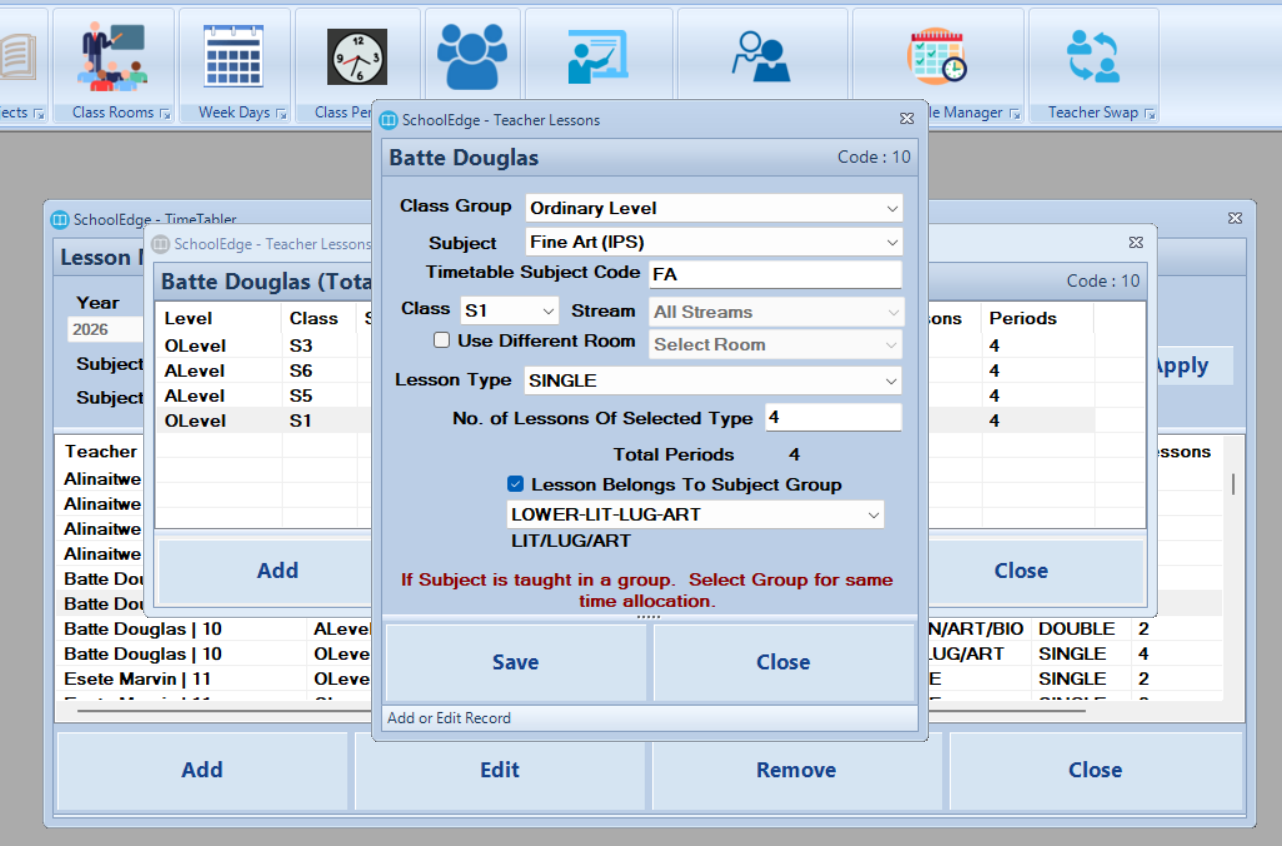 SchoolEdge Timetabler subject configuration