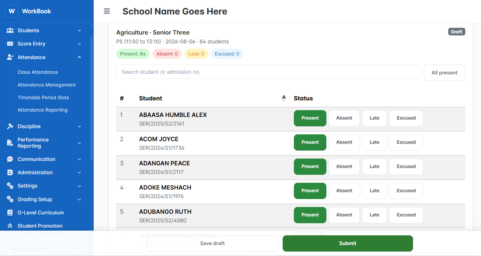 SchoolEdge Workbook student attendance
