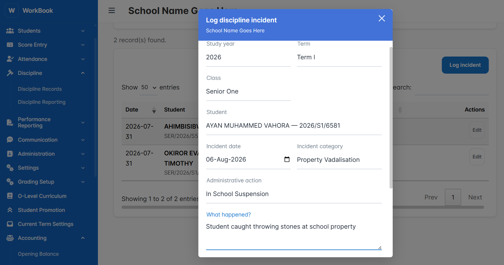 SchoolEdge Workbook discipline management